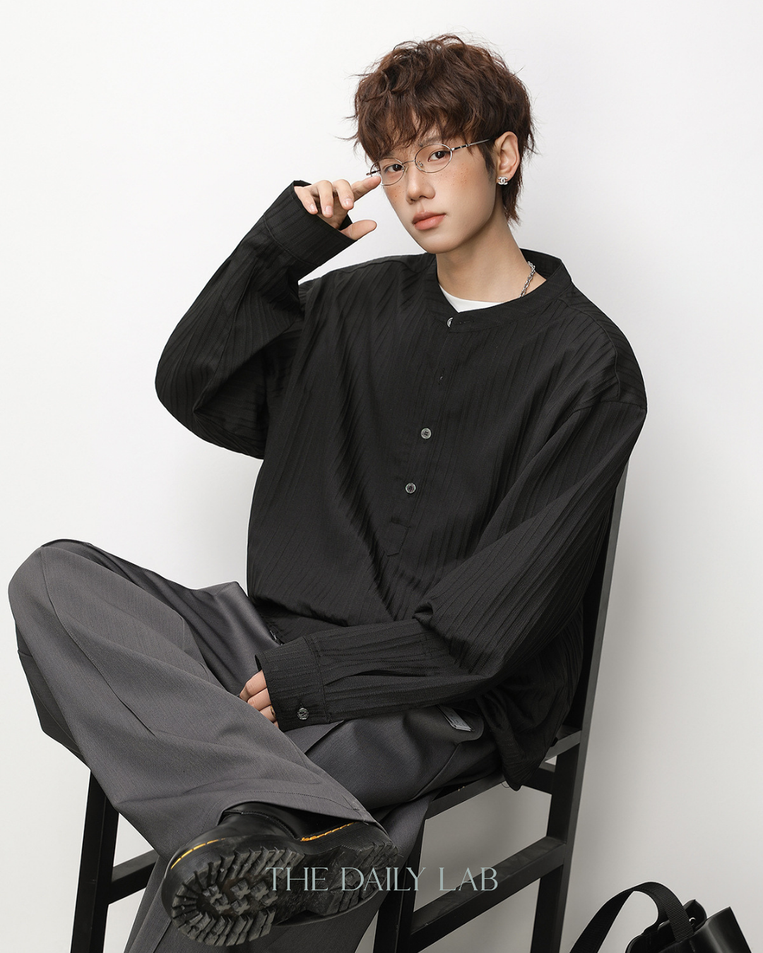 Textured Half-Placket Shirt in Black