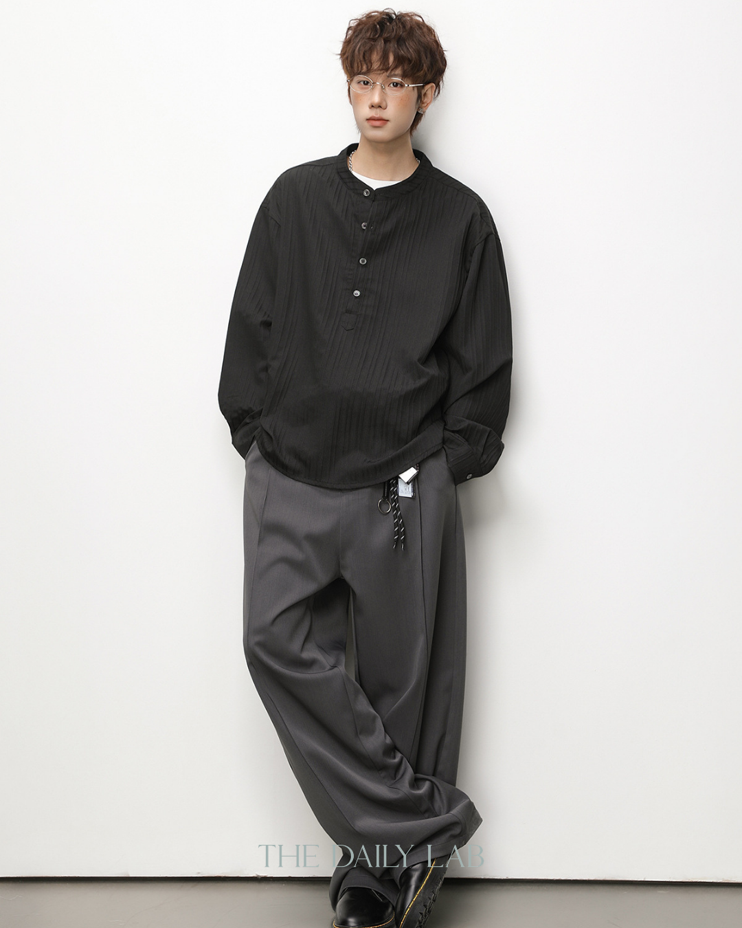 Textured Half-Placket Shirt in Black