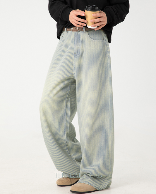 Vintage Washed Vertical-Stripe Jeans In Light Blue