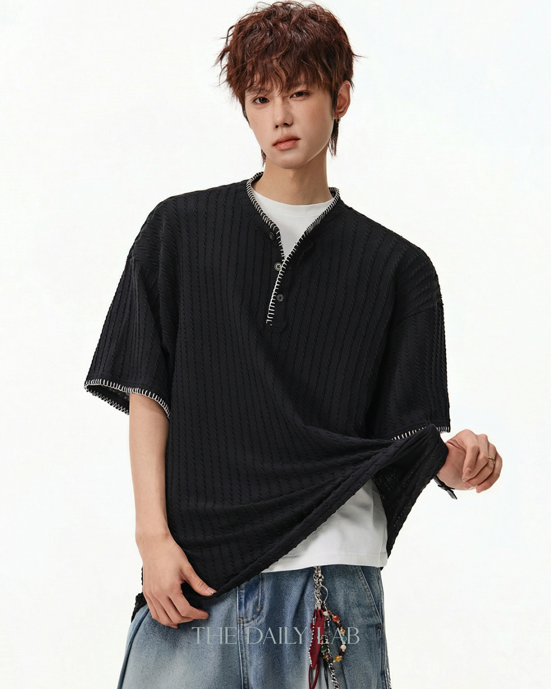 Henley Knit Line Tee in Black