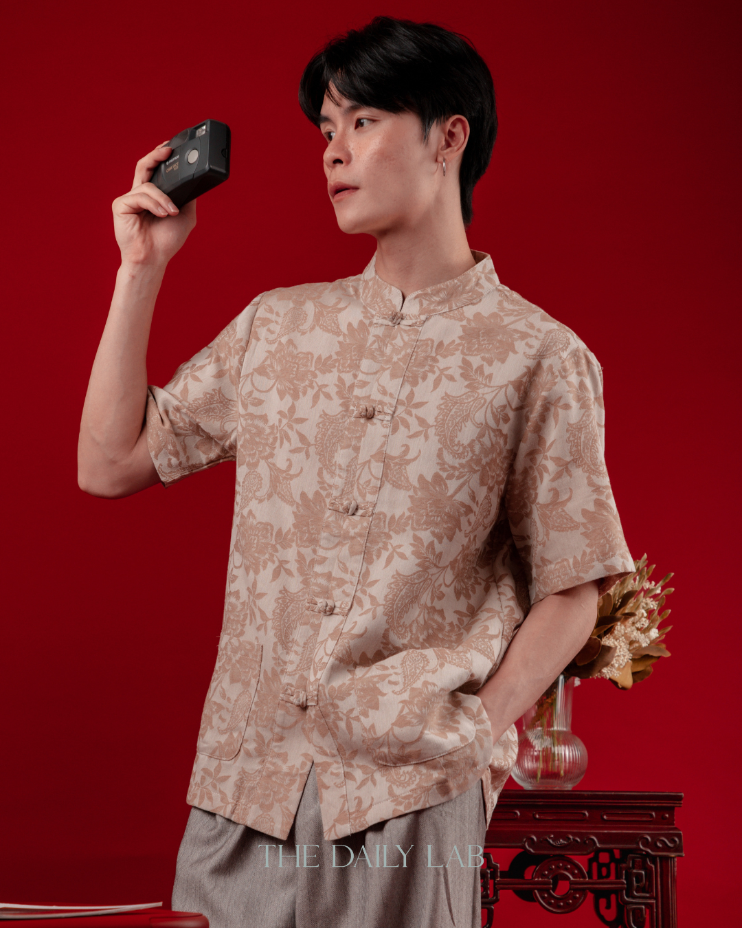 Chinese Style Floral Short Sleeve Shirt in Beige