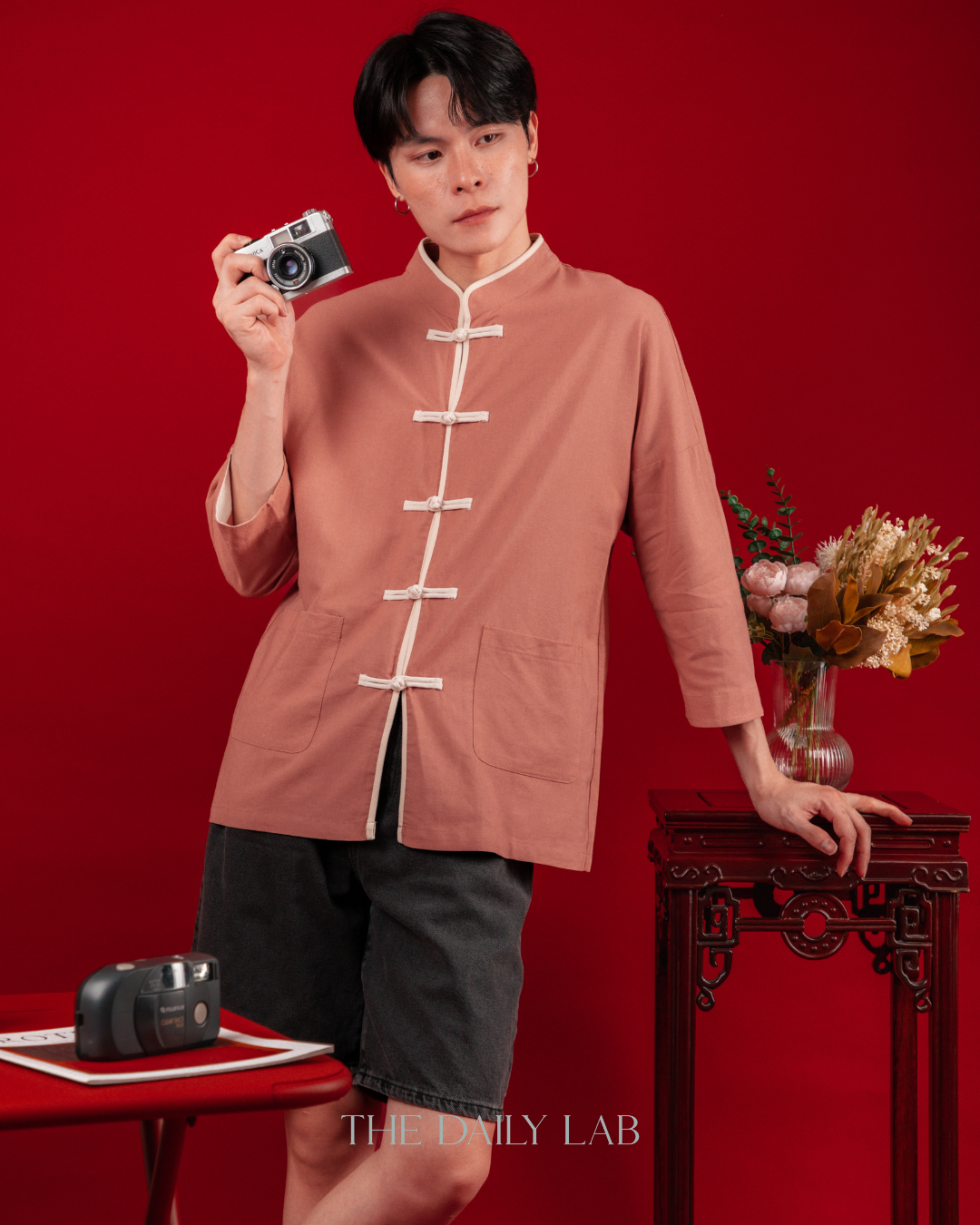 Chinese Style Cotton Linen Shirt in Pink