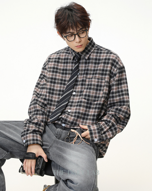 American Vintage Color-block Checkered Long Sleeve Shirt In Grey