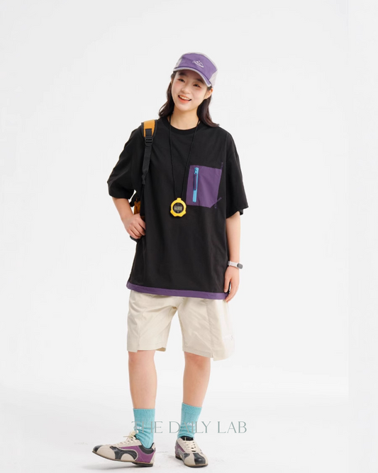 Color-Black Pocket Short Sleeve Tee in Black