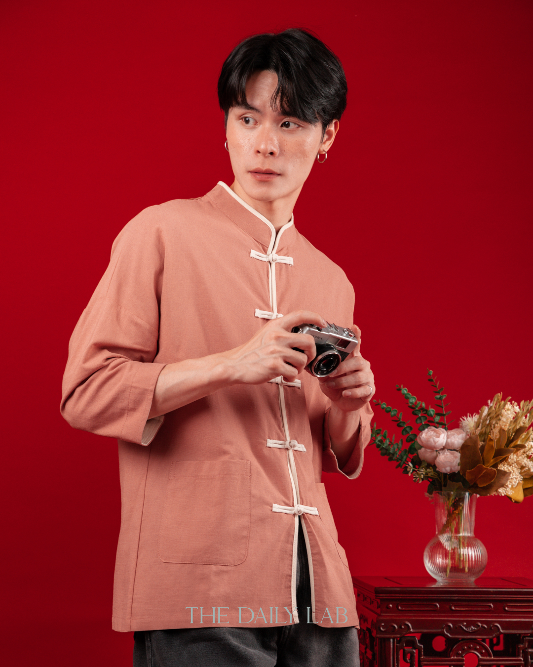 Chinese Style Cotton Linen Shirt in Pink