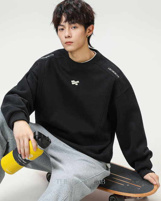 Crew Neck American Style Oversized Sweatshirt In Black