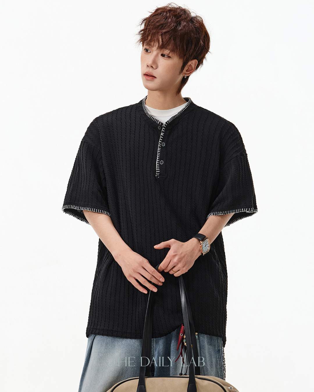 Henley Knit Line Tee in Black