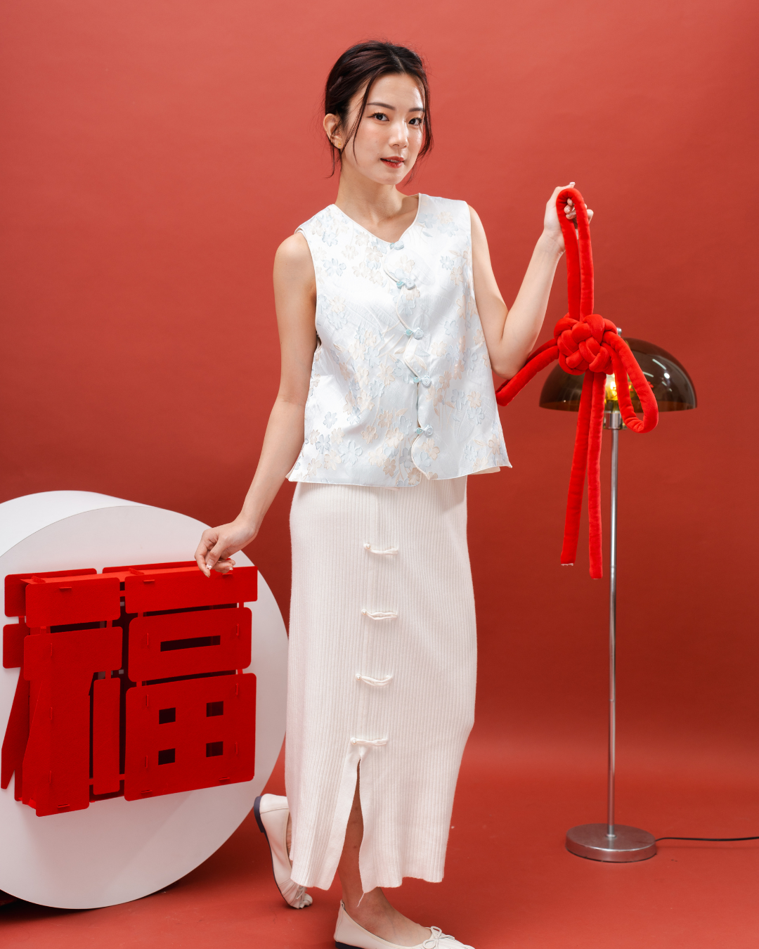 Retro Knit Long Skirt in White