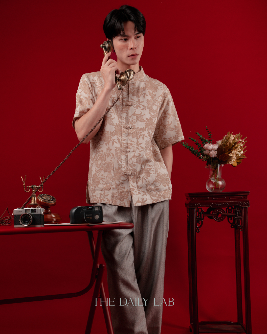 Chinese Style Floral Short Sleeve Shirt in Beige