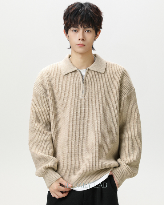 Heavyweight Half-Zip Knit Sweater in  Beige