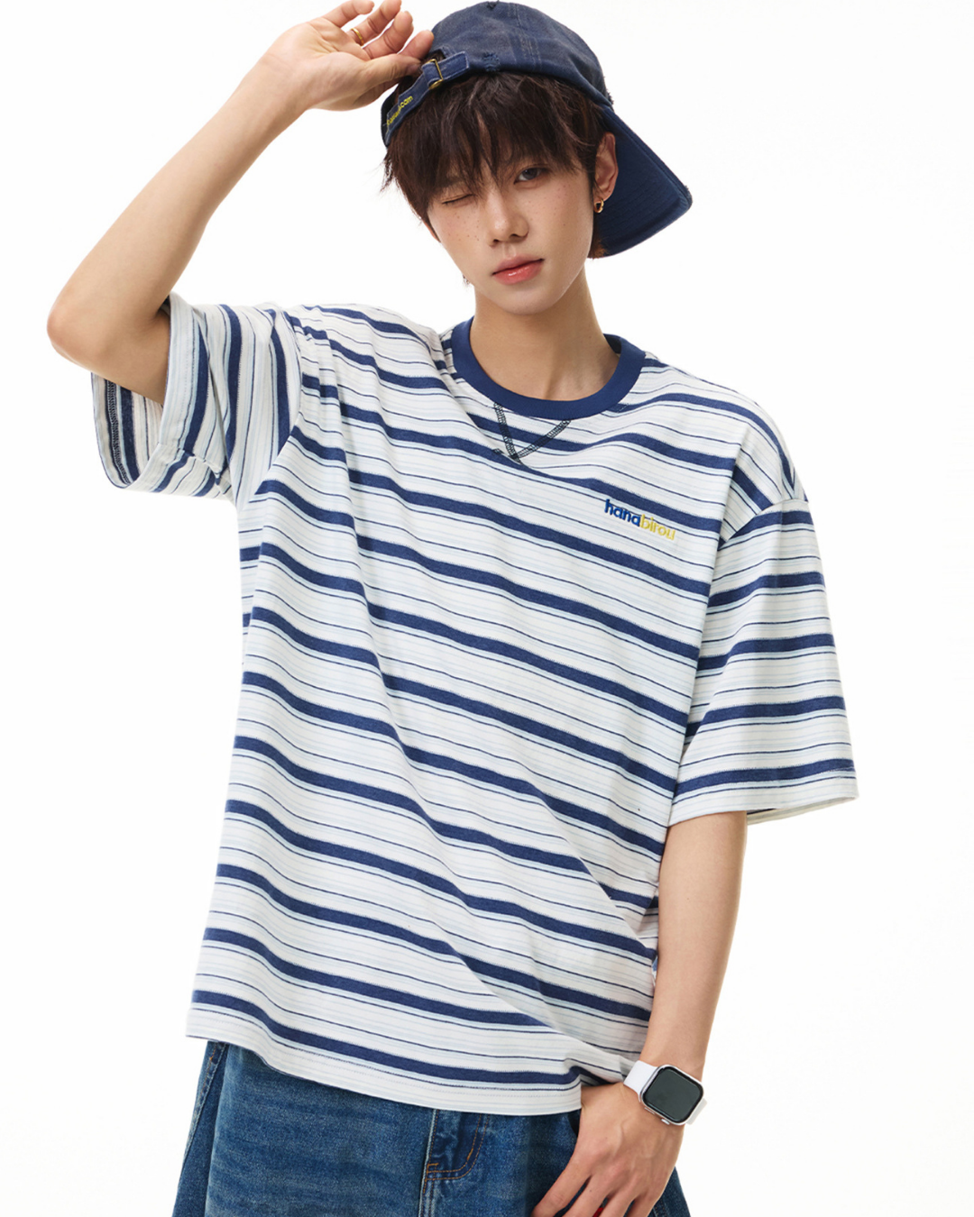 Striped Cotton Tee in Navy