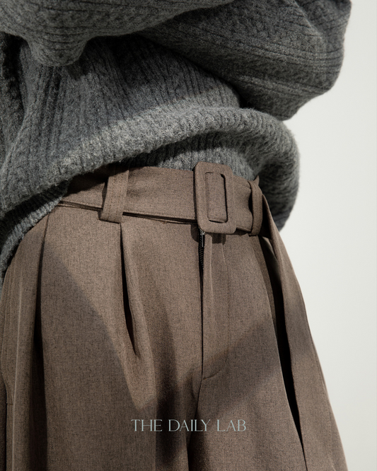 Pleated Draped Curved-Slit Suit Trousers In Brown