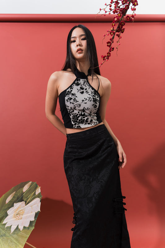 Black Floral Padded Cheongsam Top