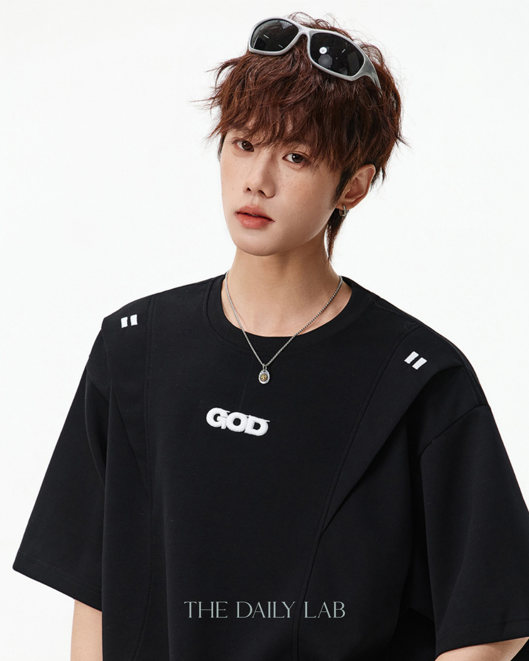 Structured Panel Cotton T-Shirt in Black