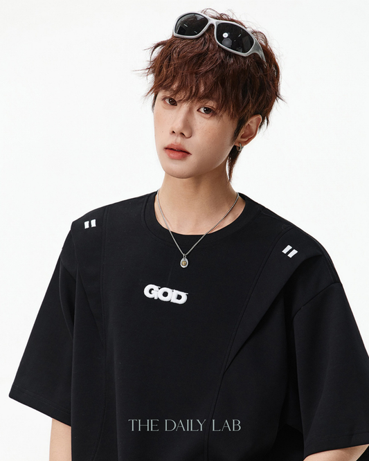 Structured Panel Cotton T-Shirt in Black