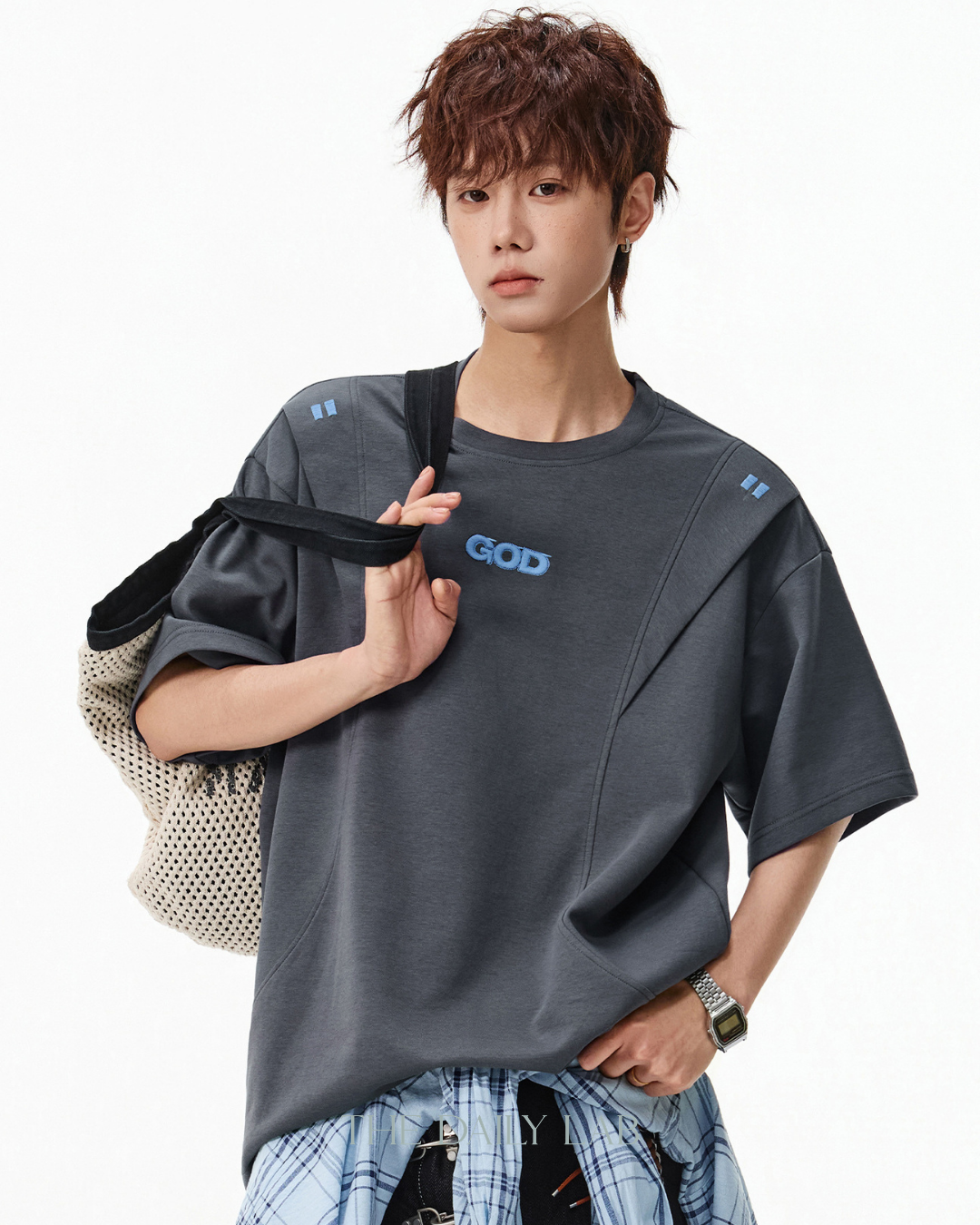 Structured Panel Cotton T-Shirt in Dark Grey