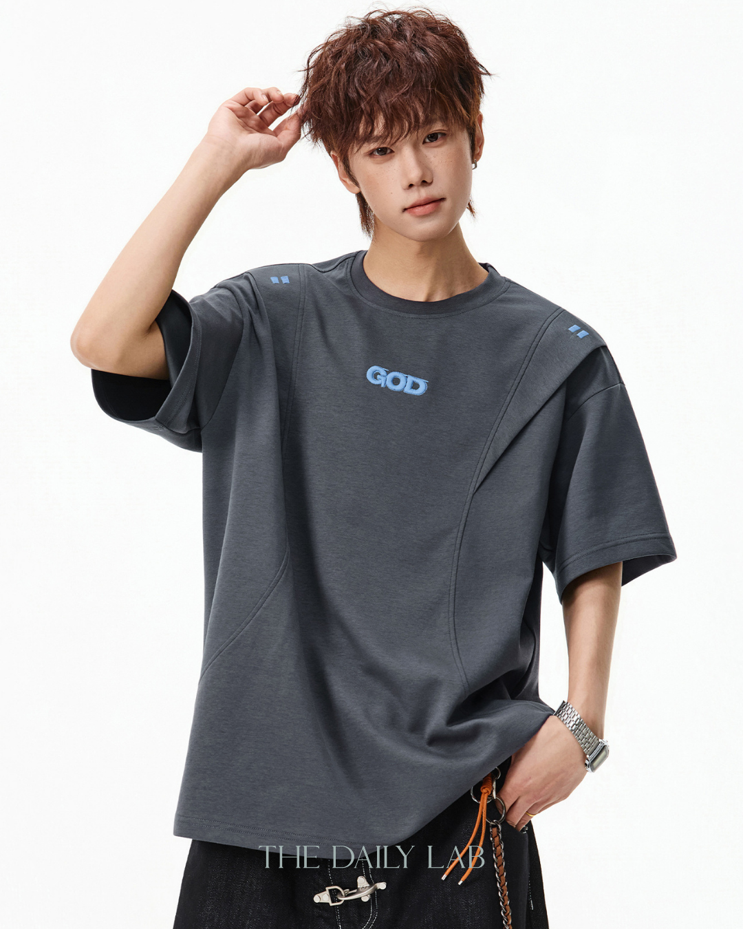 Structured Panel Cotton T-Shirt in Dark Grey