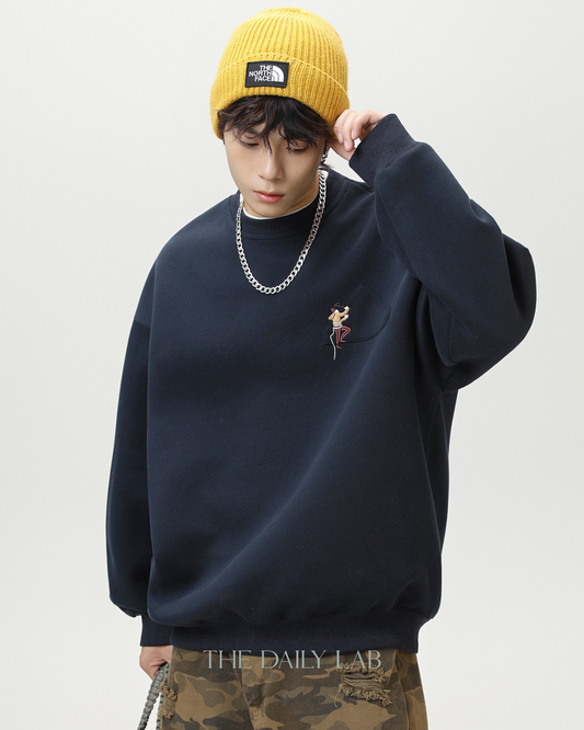 Heavyweight Crew Neck Sweatshirt Sports Jacket In Navy Blue