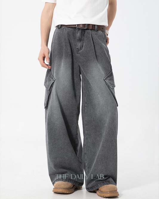 Washed Utility Denim Cargo Pants in Grey