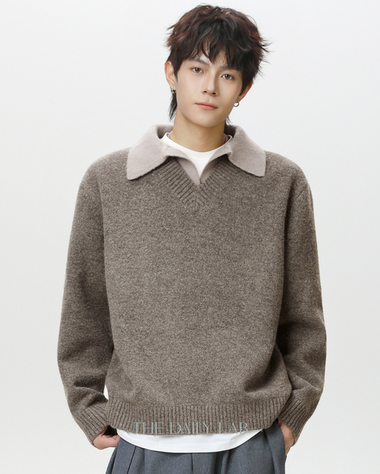Vintage Lapel Knit Sweater Jacket in Grey Brown