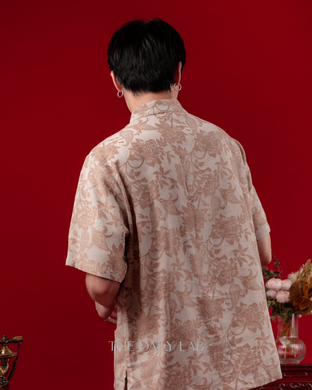 Chinese Style Floral Short Sleeve Shirt in Beige