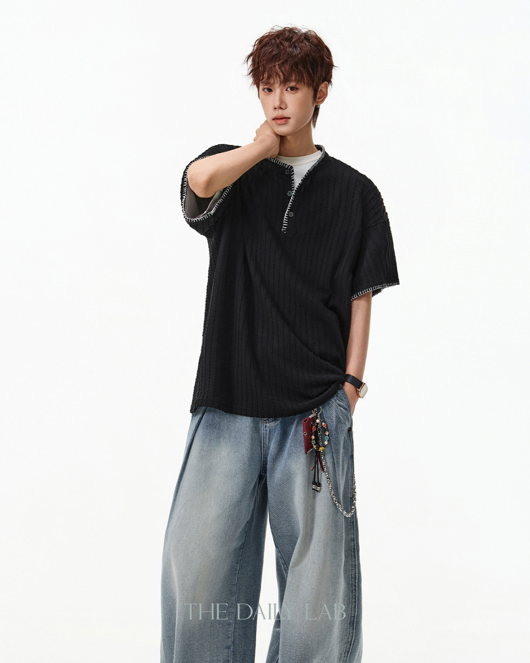 Henley Knit Line Tee in Black