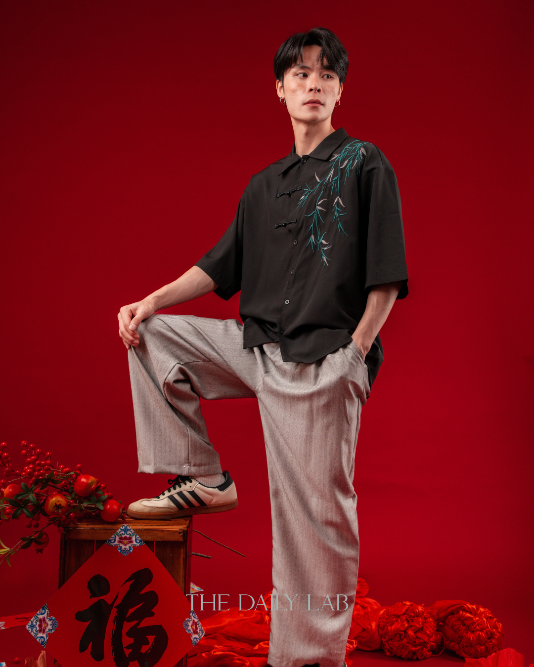 Embroidered Bamboo Chinese Shirt in Black