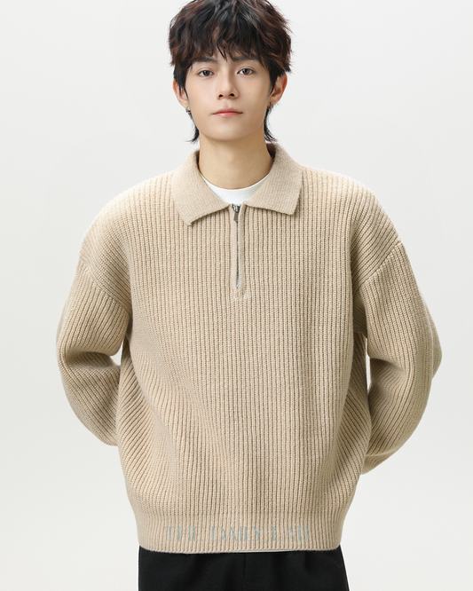 Heavyweight Half-Zip Knit Sweater in  Beige