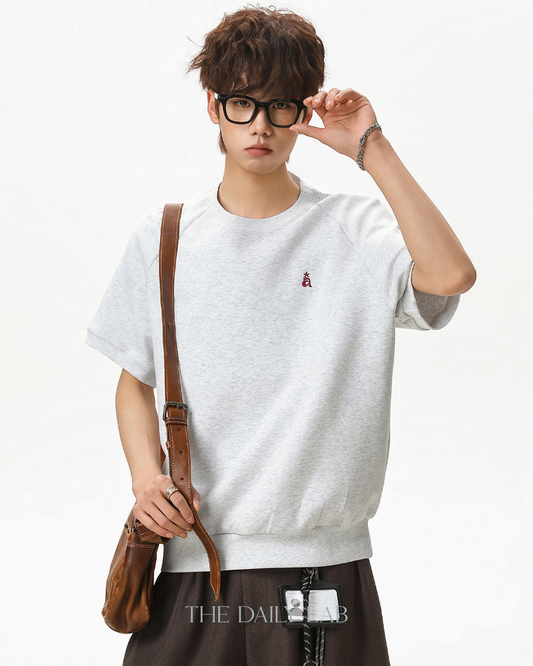 Structured Knit Emblem Tee in Light Grey