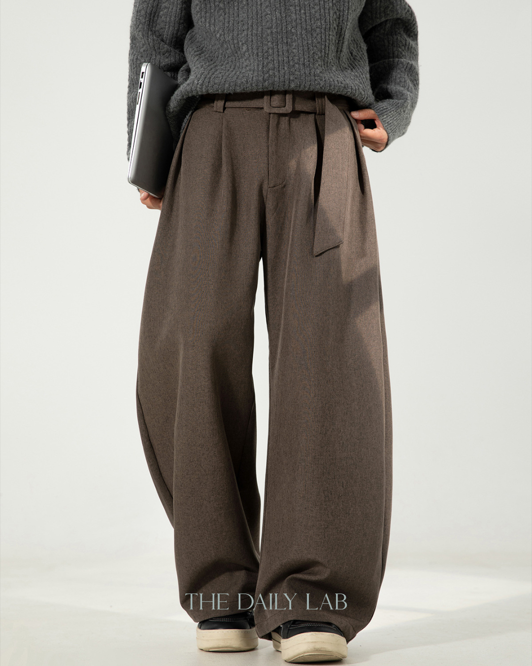 Pleated Draped Curved-Slit Suit Trousers In Brown