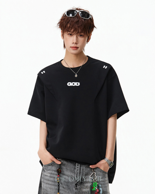 Structured Panel Cotton T-Shirt in Black