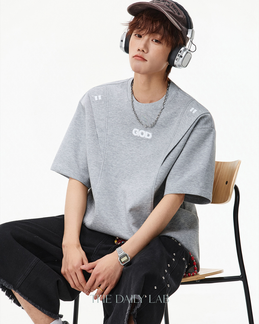 Structured Panel Cotton T-Shirt in Grey