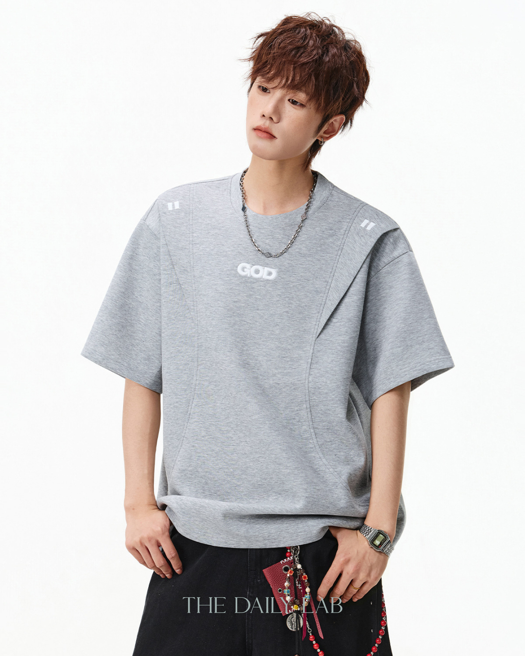 Structured Panel Cotton T-Shirt in Grey