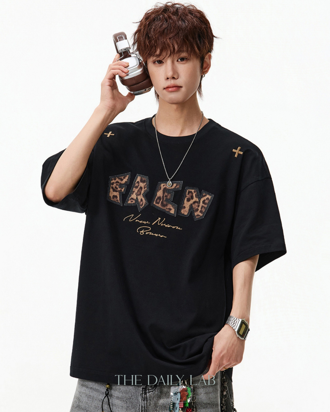Leopard Print Patch Embroidered Tee in Black