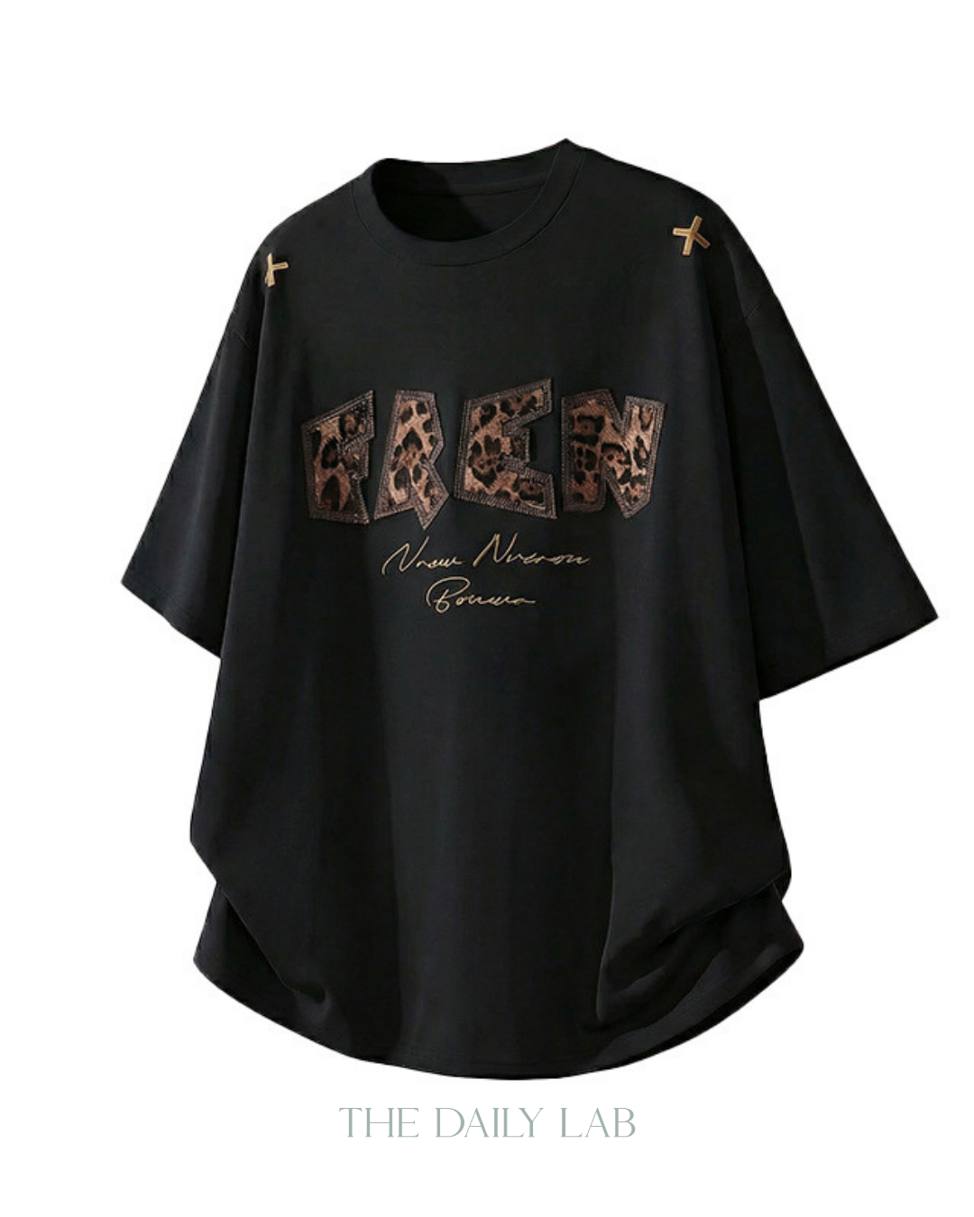 Leopard Print Patch Embroidered Tee in Black