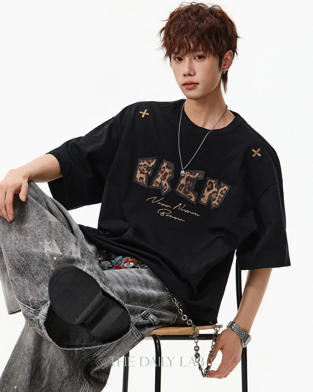 Leopard Print Patch Embroidered Tee in Black