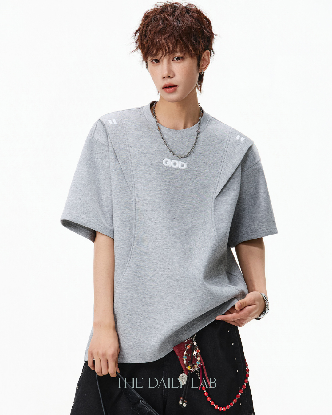 Structured Panel Cotton T-Shirt in Grey