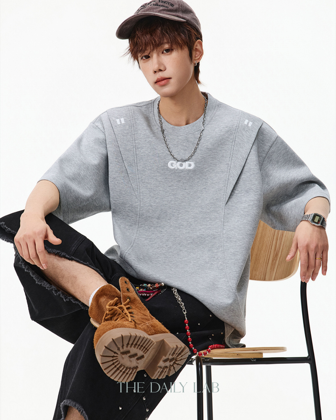 Structured Panel Cotton T-Shirt in Grey