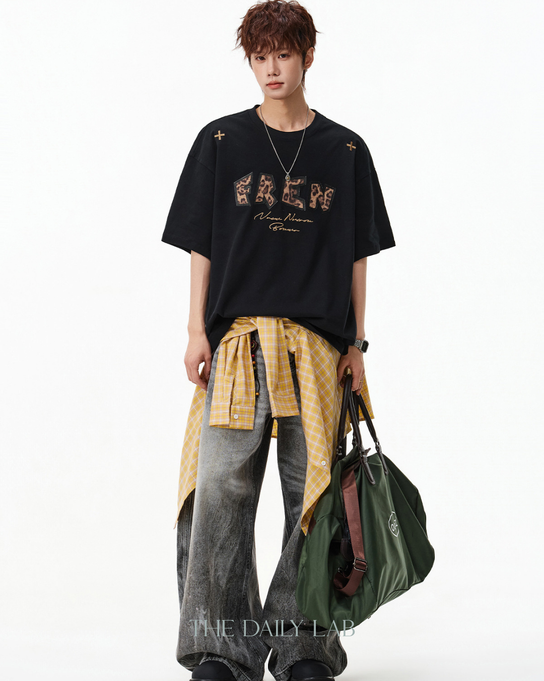 Leopard Print Patch Embroidered Tee in Black