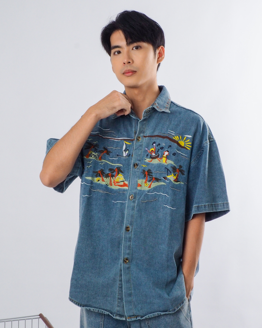Retro Cartoon Embroidered Denim Shirt