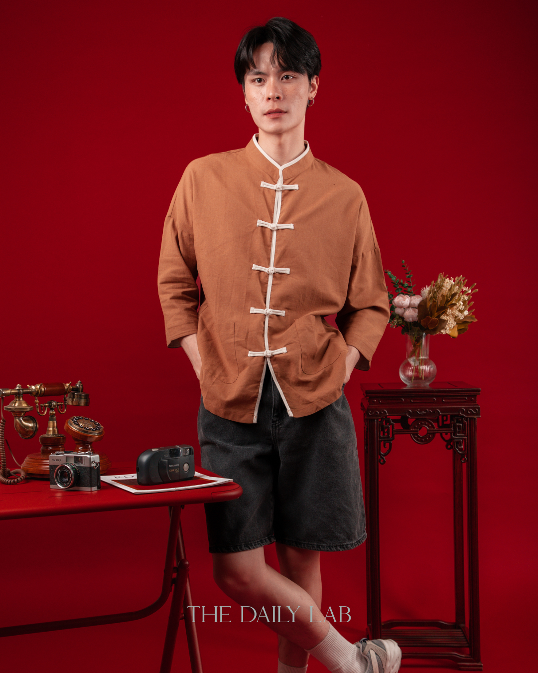 Chinese Style Cotton Linen Shirt in Coffee