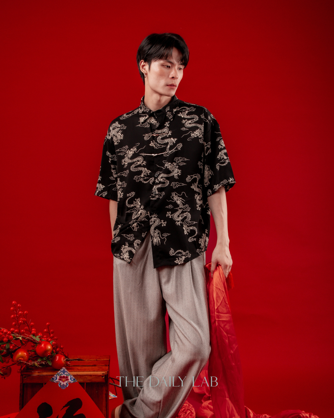 Black Gold Dragon Chinese Shirt in Black