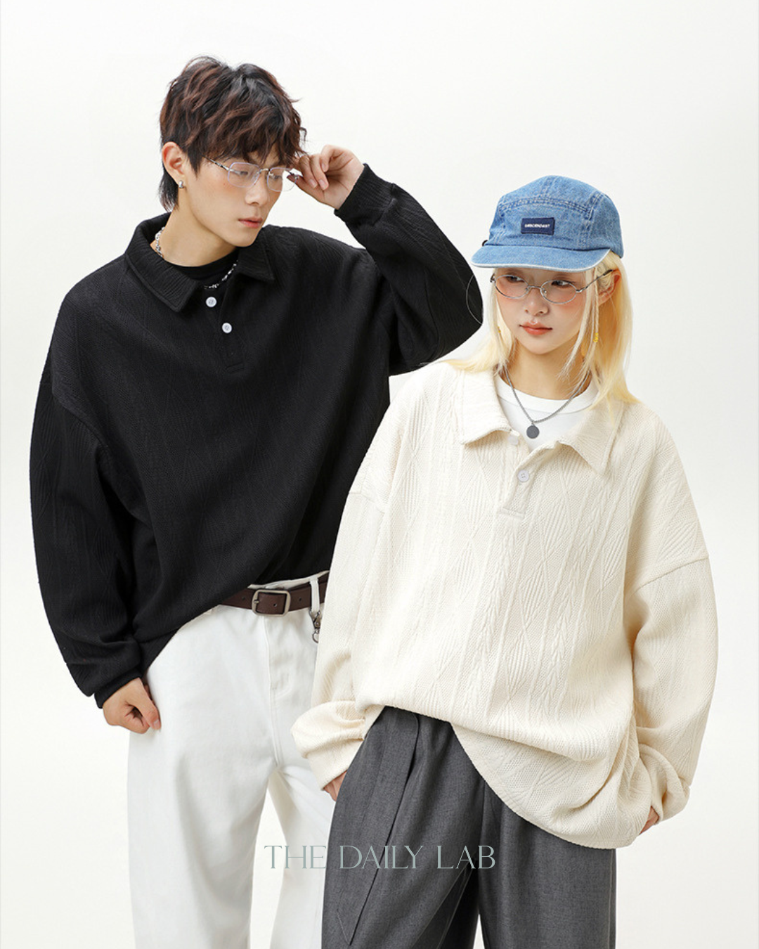 Heavyweight Textured Jacquard Turn-down Collar Sweatshirt In Black