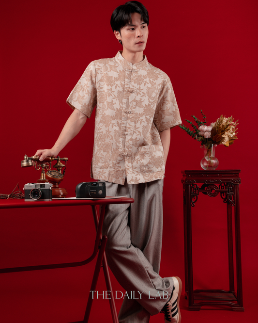 Chinese Style Floral Short Sleeve Shirt in Beige