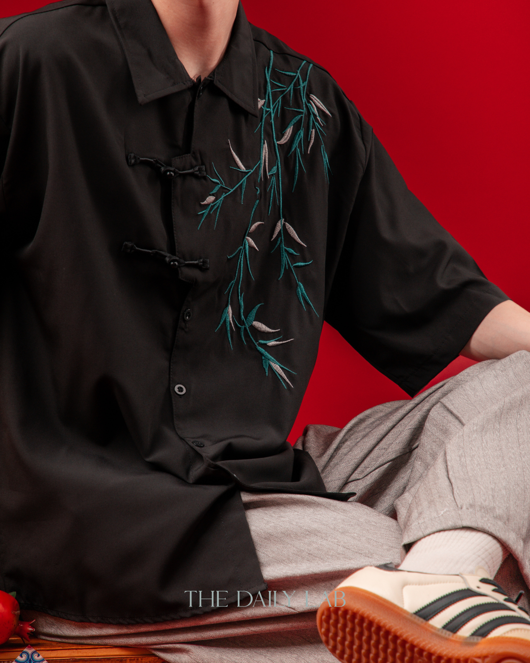 Embroidered Bamboo Chinese Shirt in Black