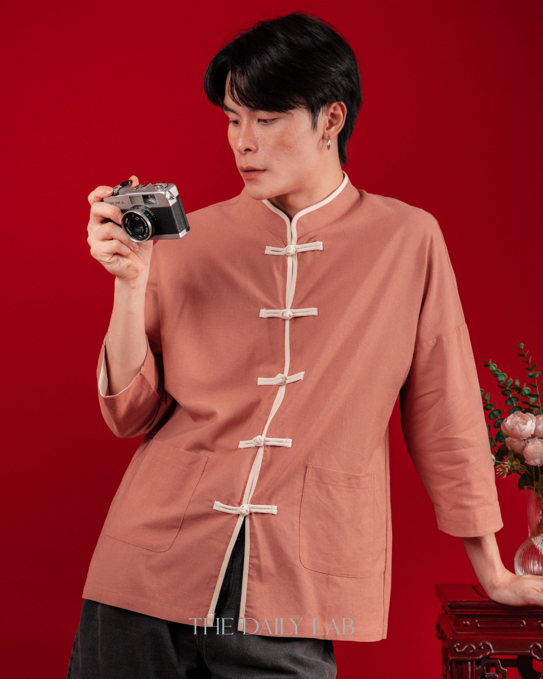 Chinese Style Cotton Linen Shirt in Pink