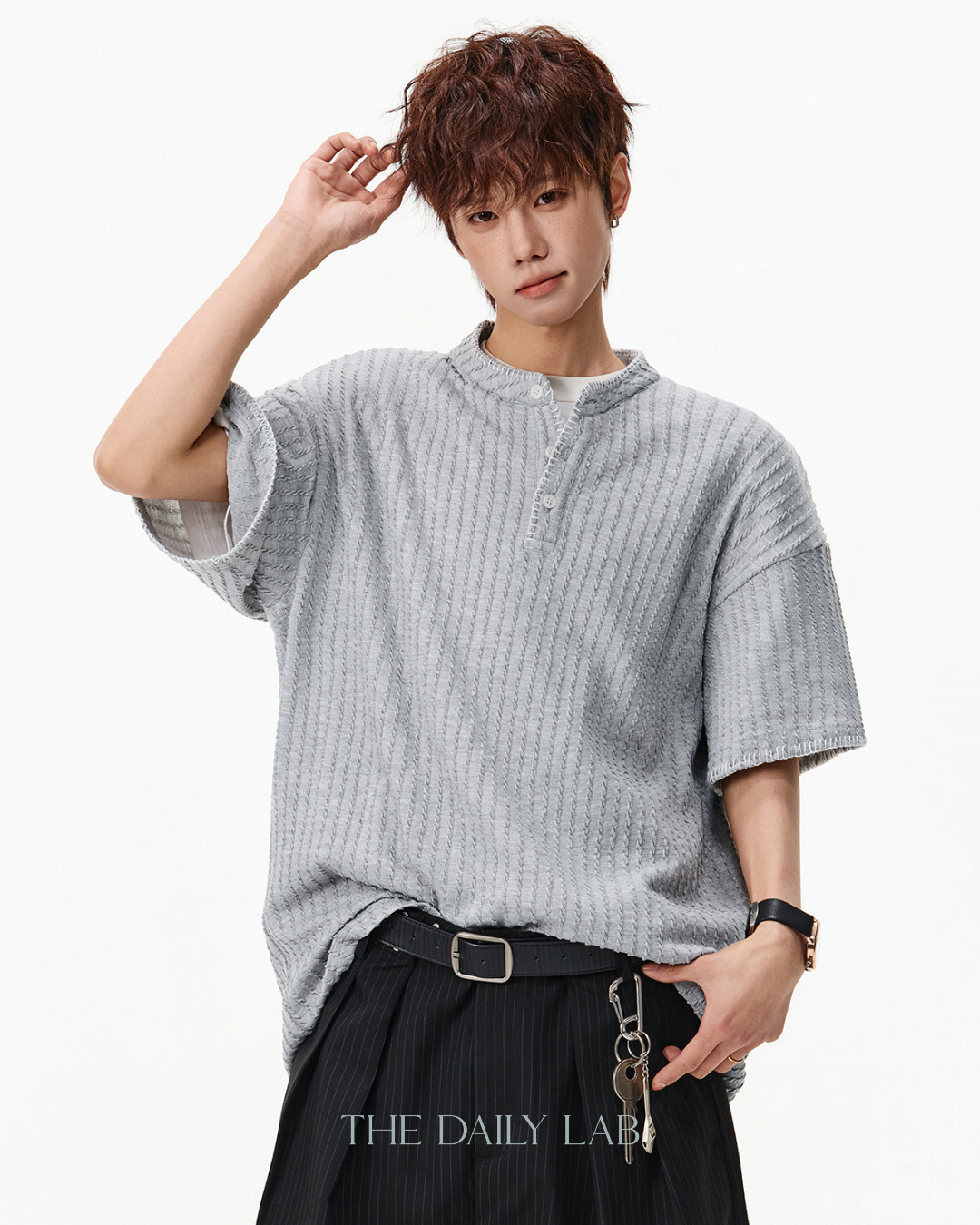 Henley Knit Line Tee in Grey
