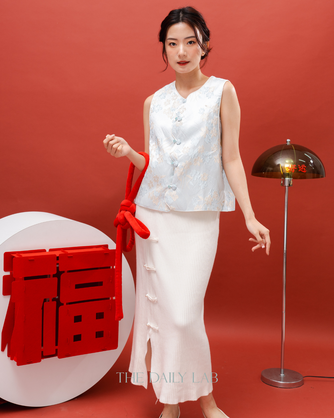 Retro Knit Long Skirt in White