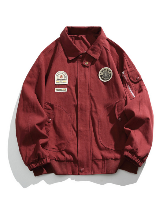 American Retro Badge Collared Bomber Jacket In Red