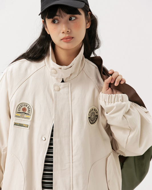 American Retro Badge Collared Bomber Jacket In White